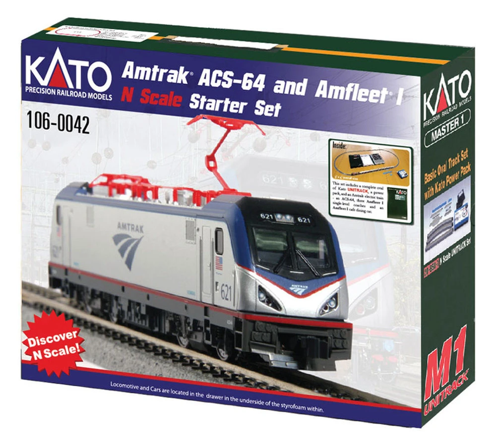 Kato Amtrak ACS-64 Amfleet I Starter Set -- Amtrak (Phase VI Scheme) Loco, 3 Amfleet I Coaches & C 3 Kato Amtrak ACS-64 Amfleet I Starter Set -- Amtrak (Phase VI Scheme) Loco, 3 Amfleet I Coaches & C