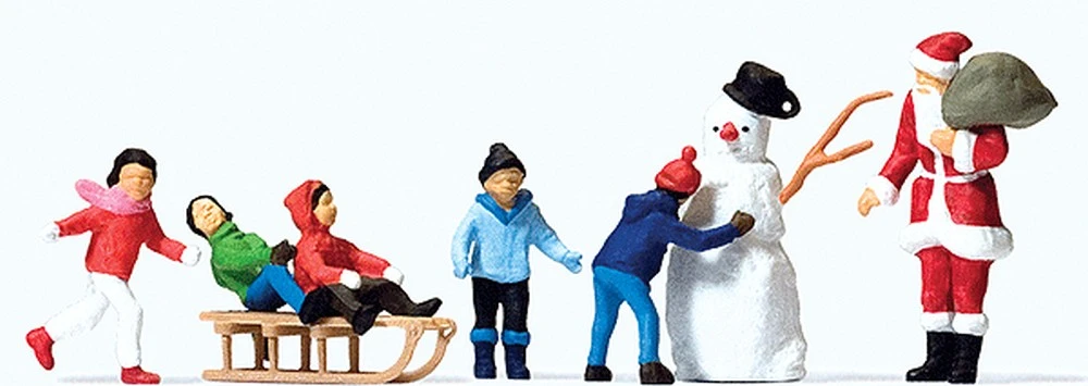 Preiser Kg Christmas Figure Set In Merry Christmas Box -- Santa W/5 Children, Sled & Snowman - HO 3 Preiser Kg Christmas Figure Set In Merry Christmas Box -- Santa W/5 Children, Sled & Snowman - HO