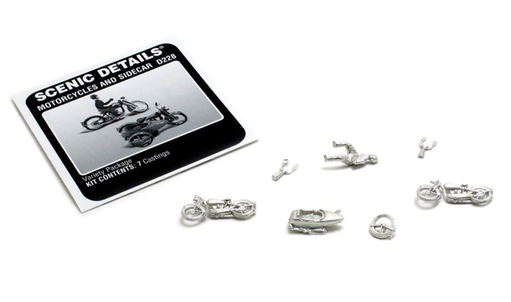 Woodland Scenics Motorcycles W/Side Cars (Cast Unpainted Metal Kit) - HO - D228 3 Woodland Scenics Motorcycles W/Side Cars (Cast Unpainted Metal Kit) - HO - D228